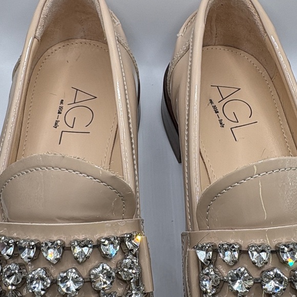 RARE AGL Lola Strass Mixed Crystal Patent Loafers Nude 40 - $585 Retail - Picture 10 of 17